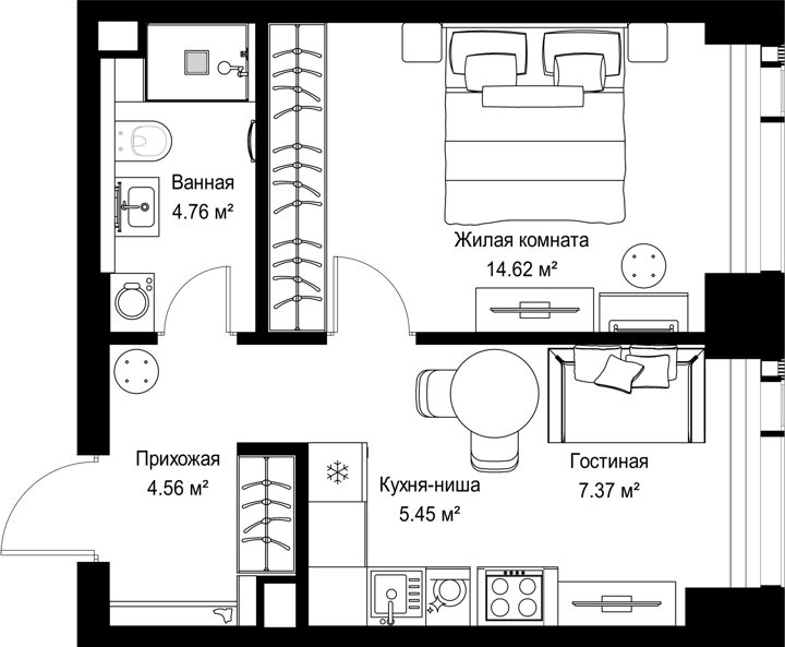 1-комнатная квартира, 36,8 м²