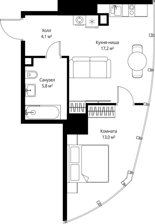 1-комнатная квартира, 40,1 м²