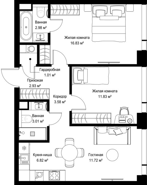 2-комнатная квартира, 60,7 м² — фото 1