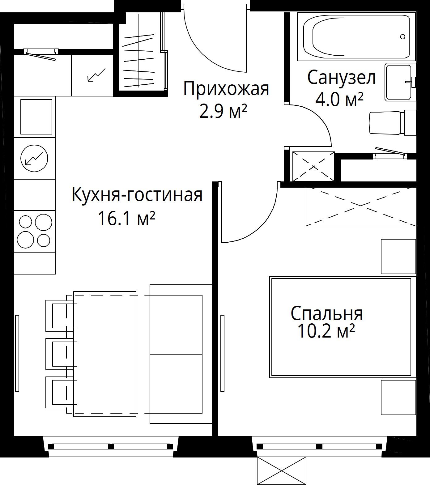 1-комнатная квартира, 33,2 м²