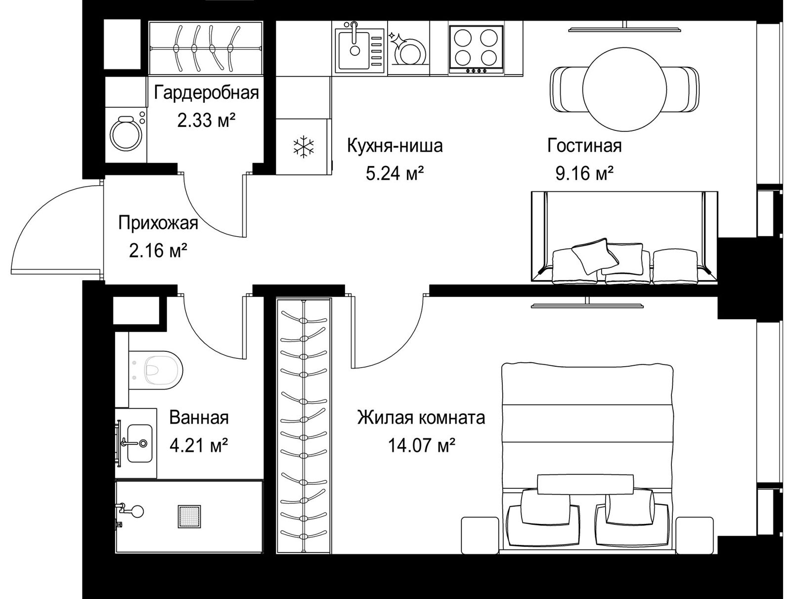 1-комнатная квартира, 37,2 м²