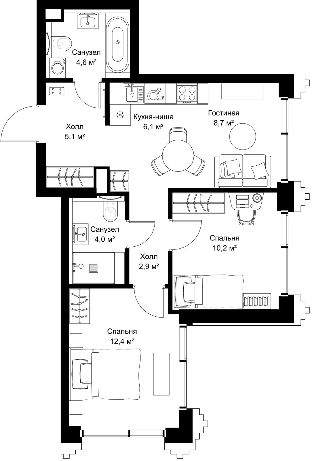 2-комнатная квартира, 54 м²