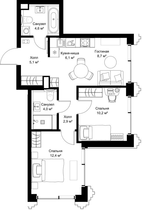 2-комнатная квартира, 54 м²