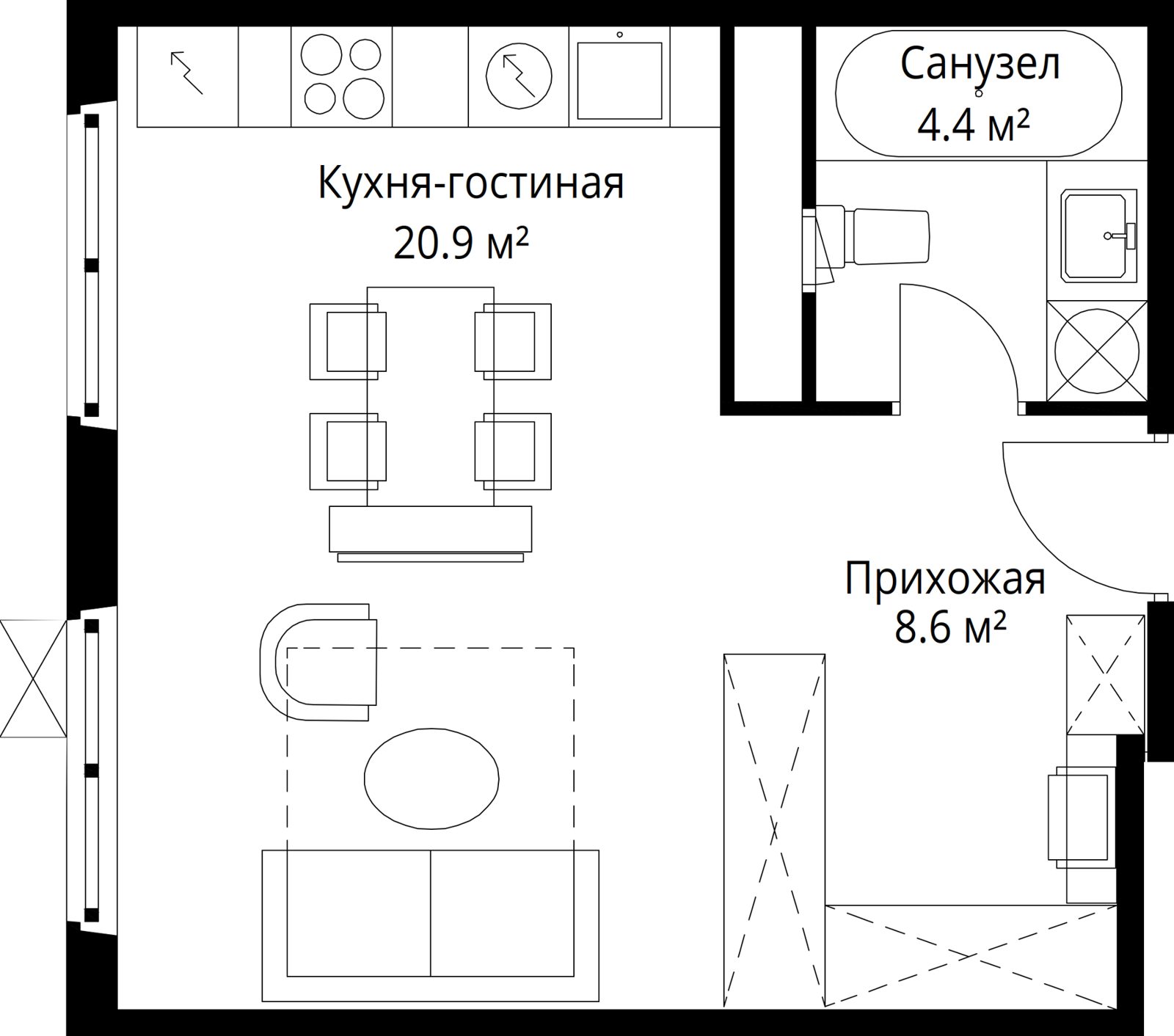 Квартира-студия, 33,9 м²