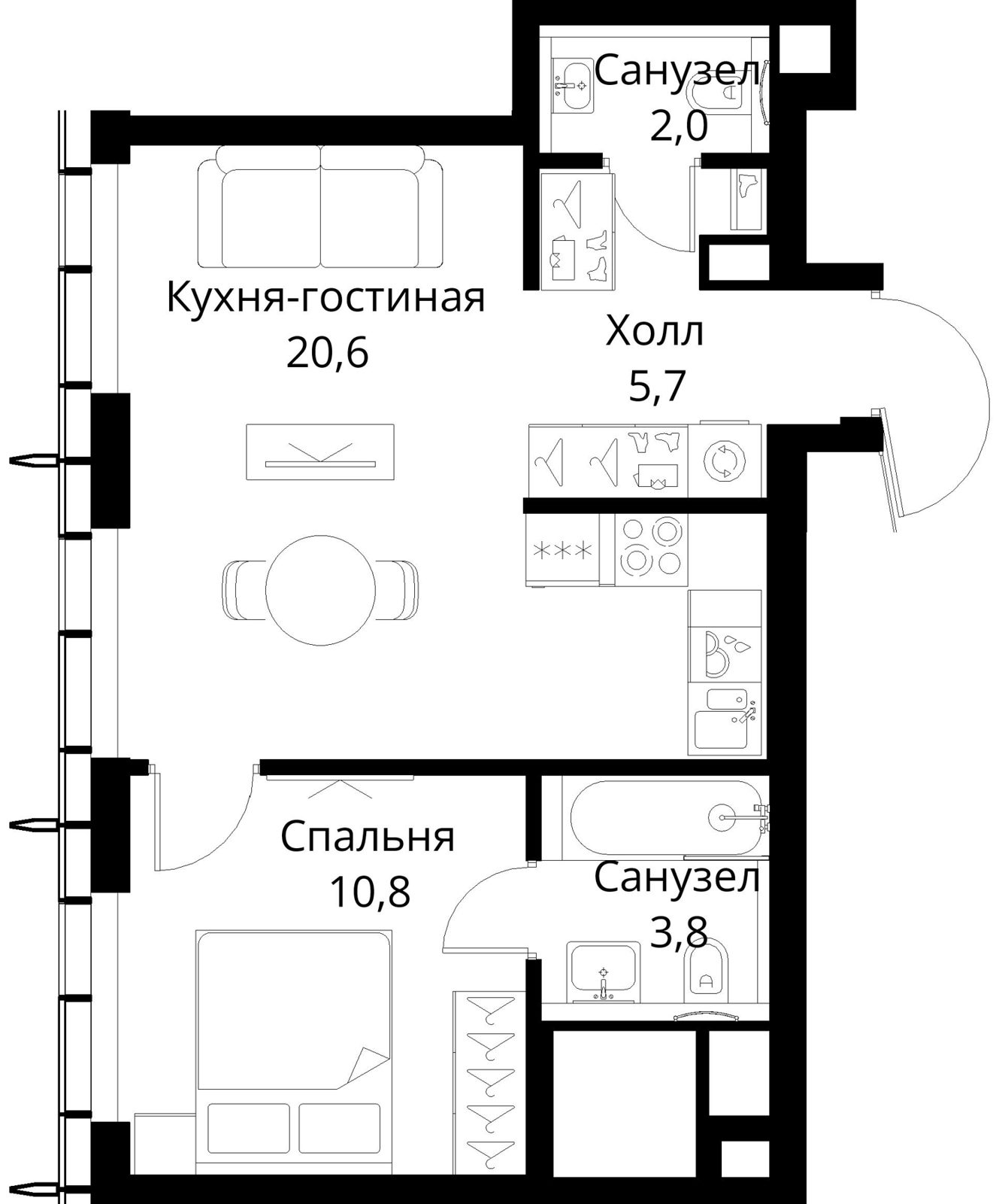 1-комнатная квартира, 42,9 м²