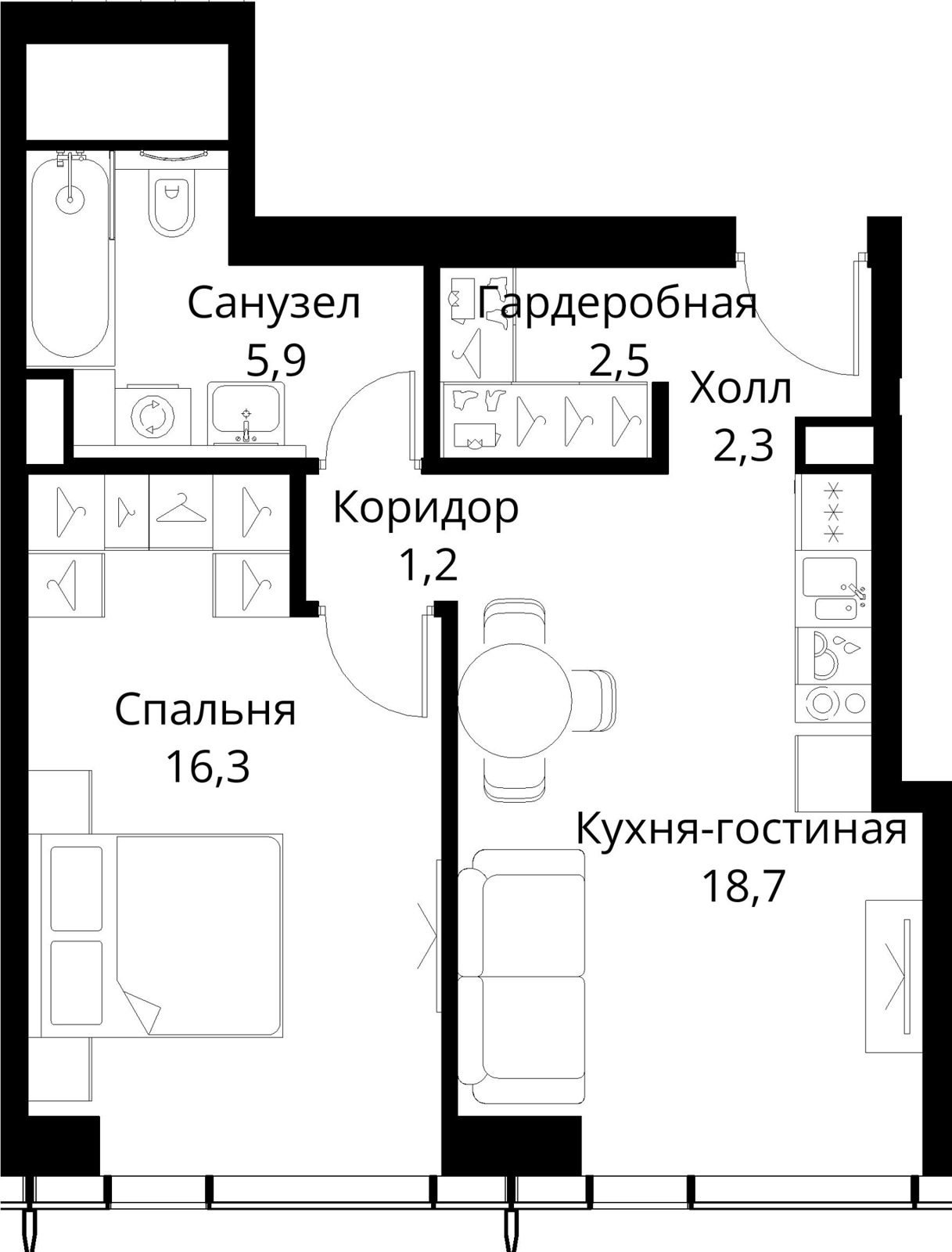 1-комнатная квартира, 46,9 м²