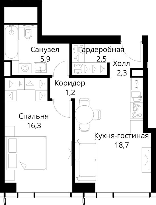 1-комнатная квартира, 46,9 м² — фото 1