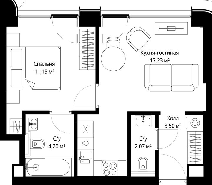 1-комнатная квартира, 38,1 м² — фото 1