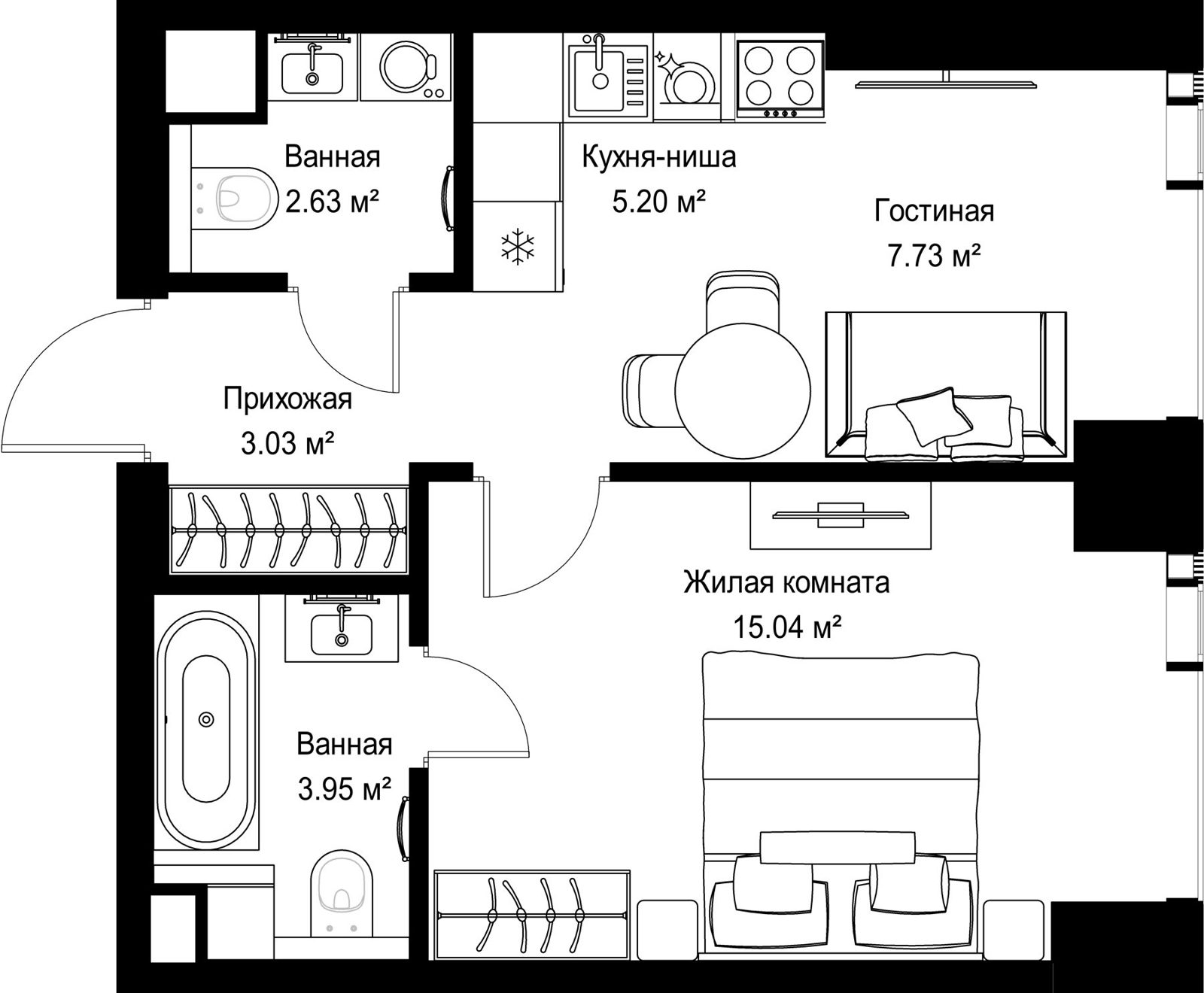 1-комнатная квартира, 37,6 м²