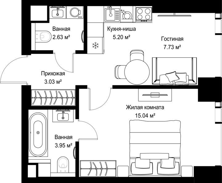 1-комнатная квартира, 37,6 м²