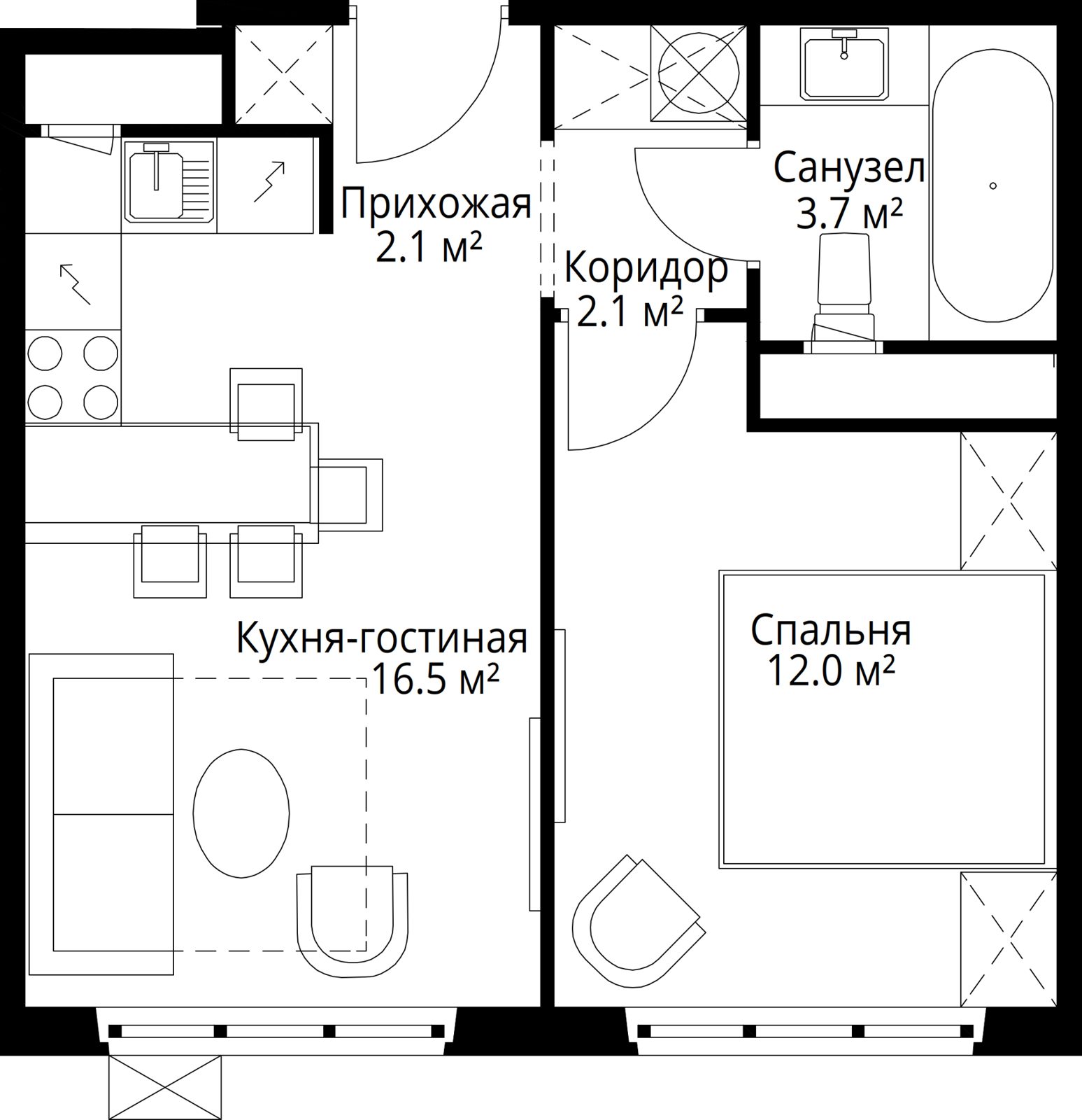 1-комнатная квартира, 36,4 м²
