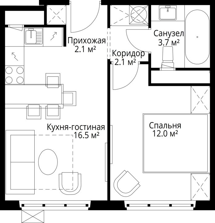 1-комнатная квартира, 36,4 м² — фото 1