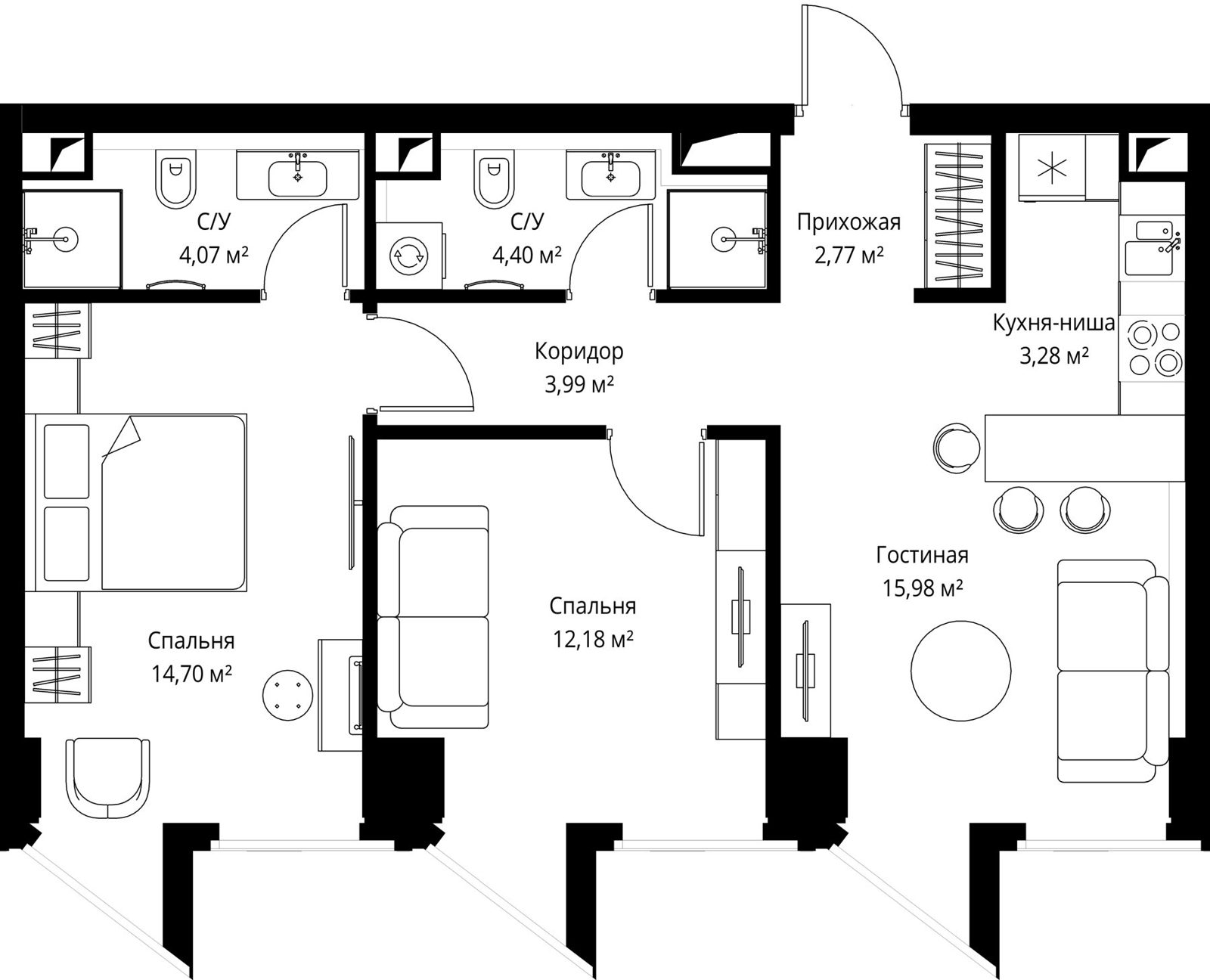 2-комнатная квартира, 61,1 м²