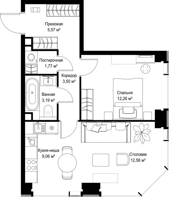 1-комнатная квартира, 47,9 м² — фото 2