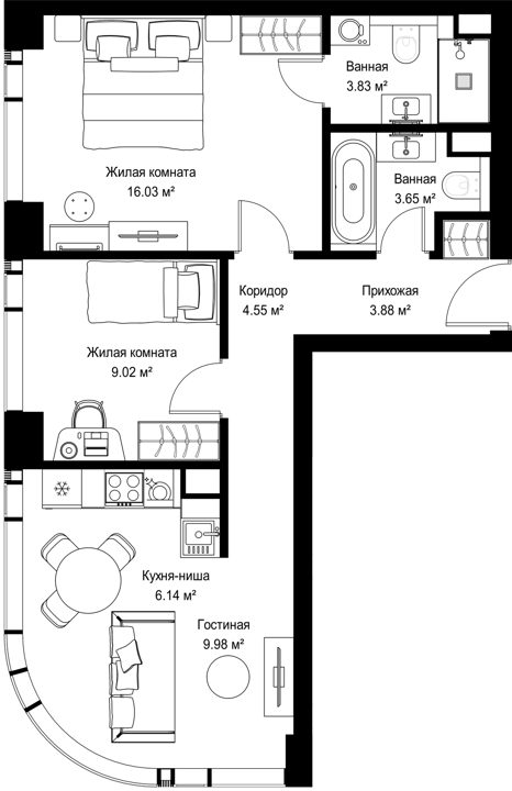 2-комнатная квартира, 57,1 м²