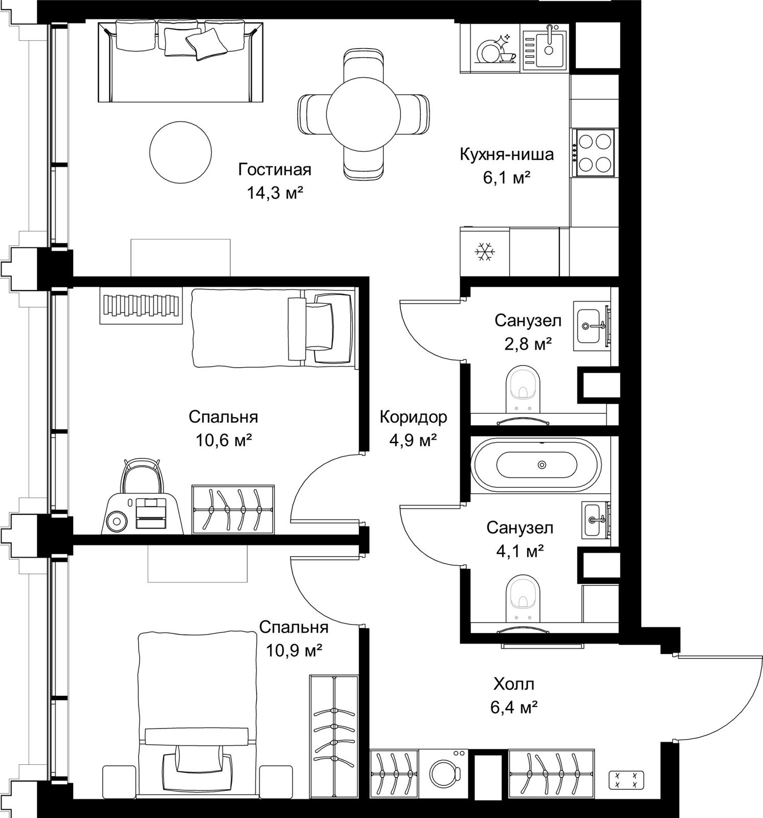 2-комнатная квартира, 60,1 м²