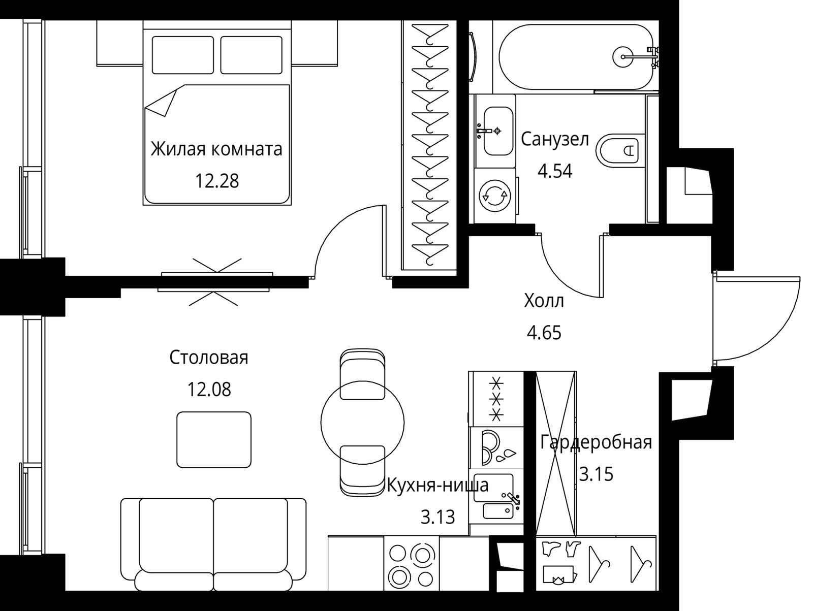 1-комнатная квартира, 39,8 м²
