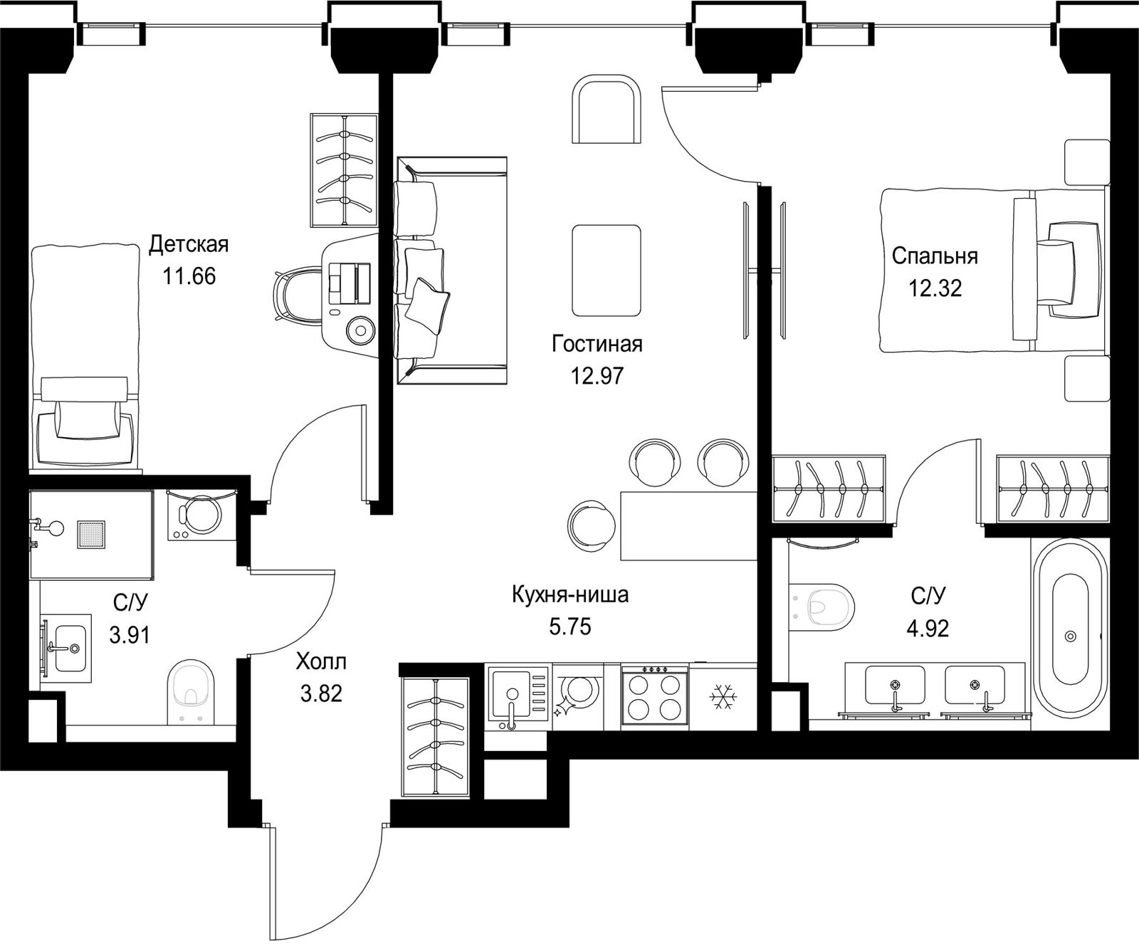 2-комнатная квартира, 55,4 м²