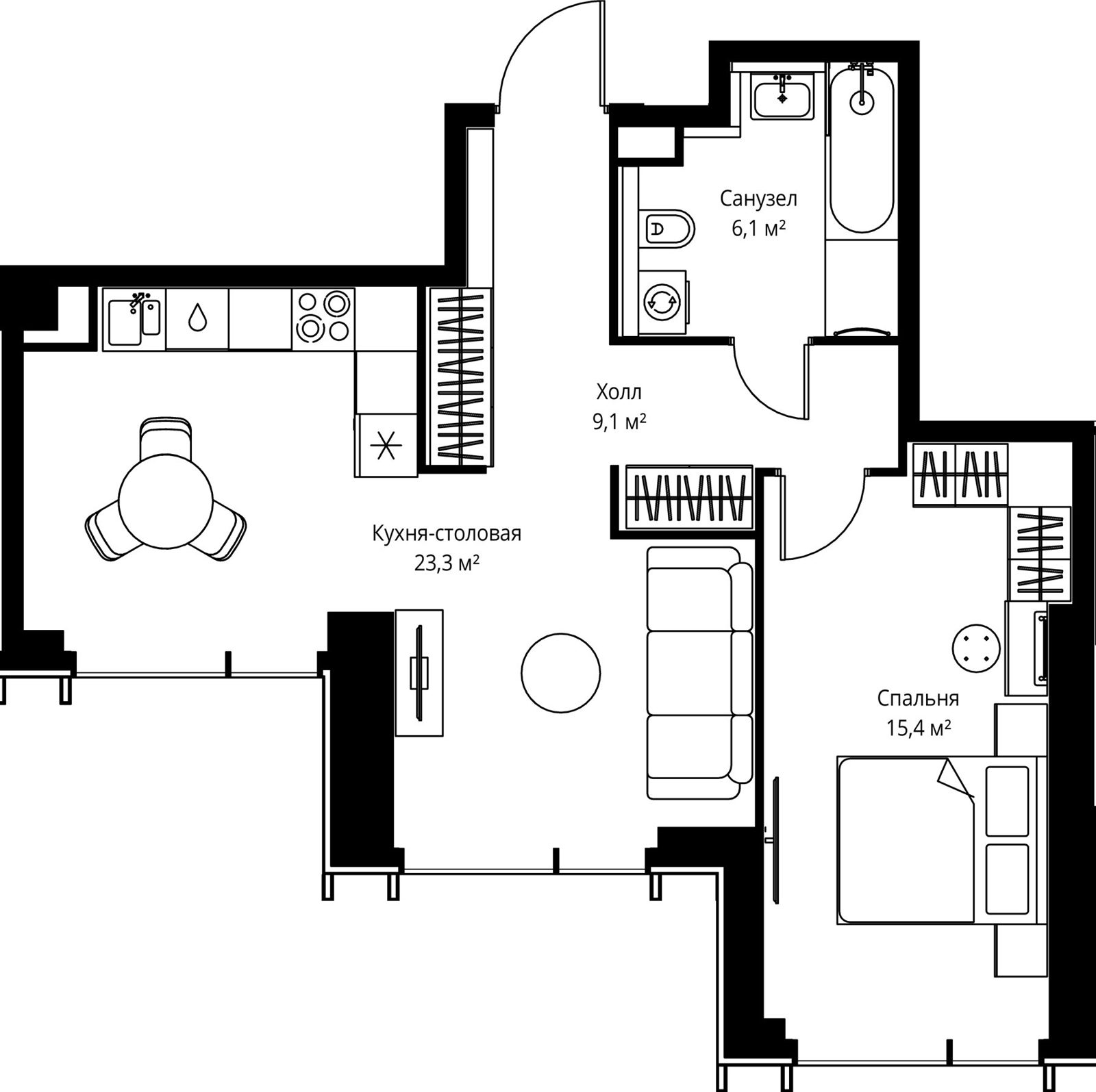 1-комнатная квартира, 53,9 м²