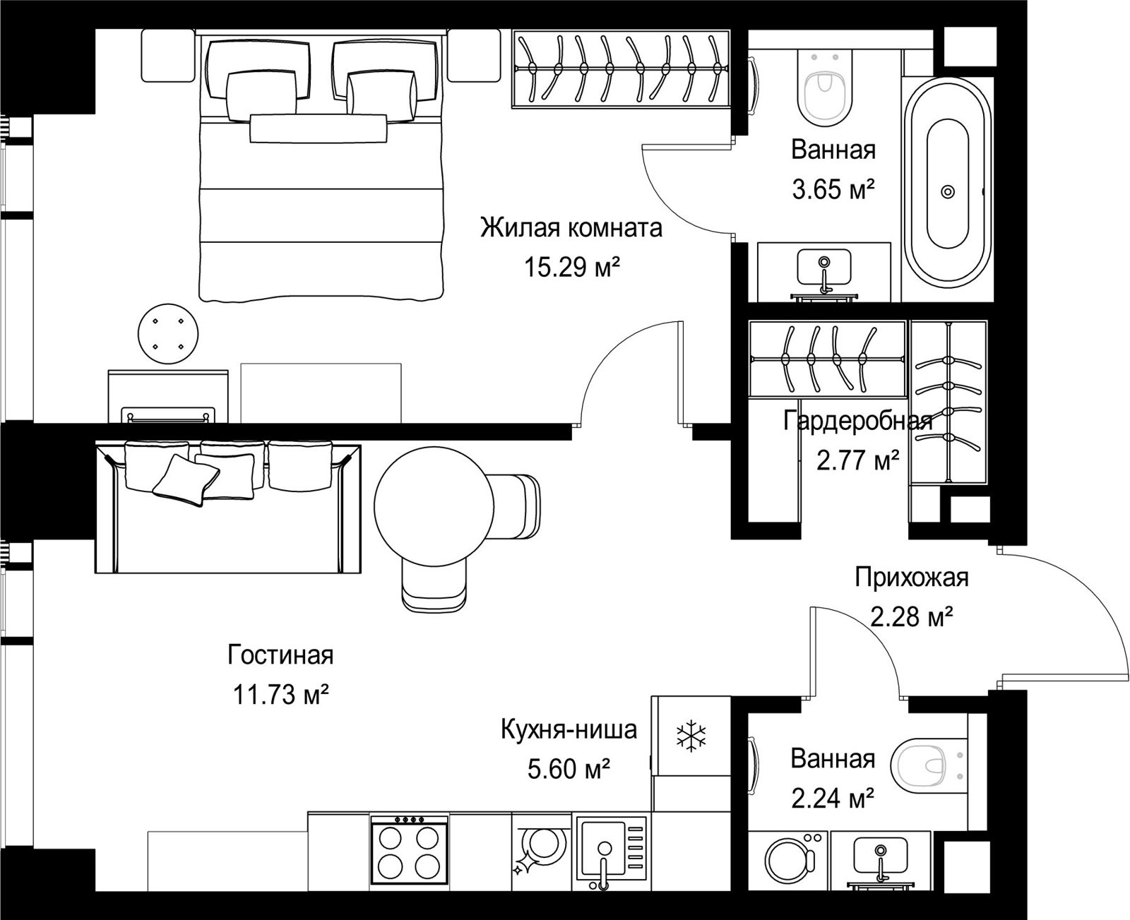 1-комнатная квартира, 43,6 м²