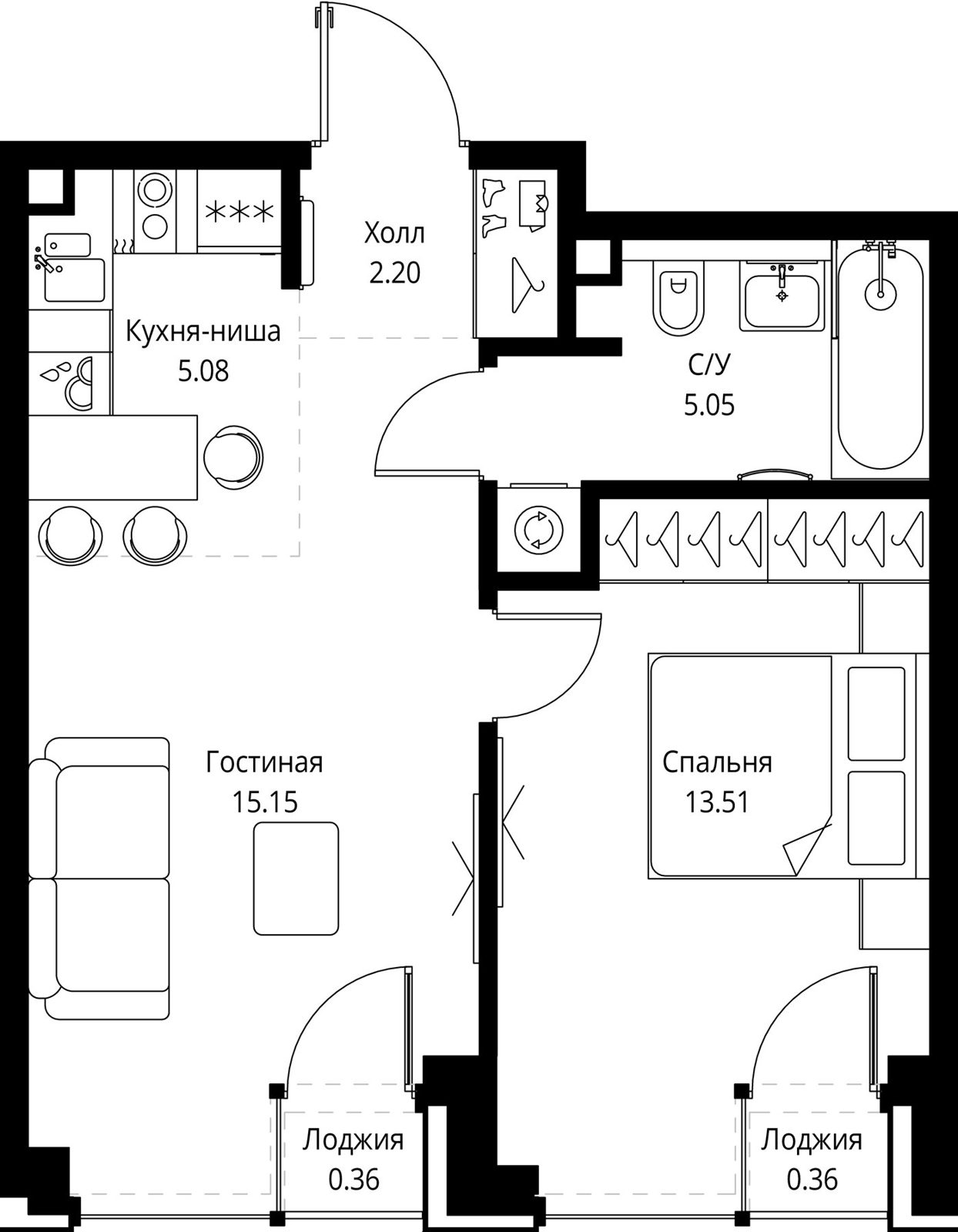 1-комнатная квартира, 41,7 м²