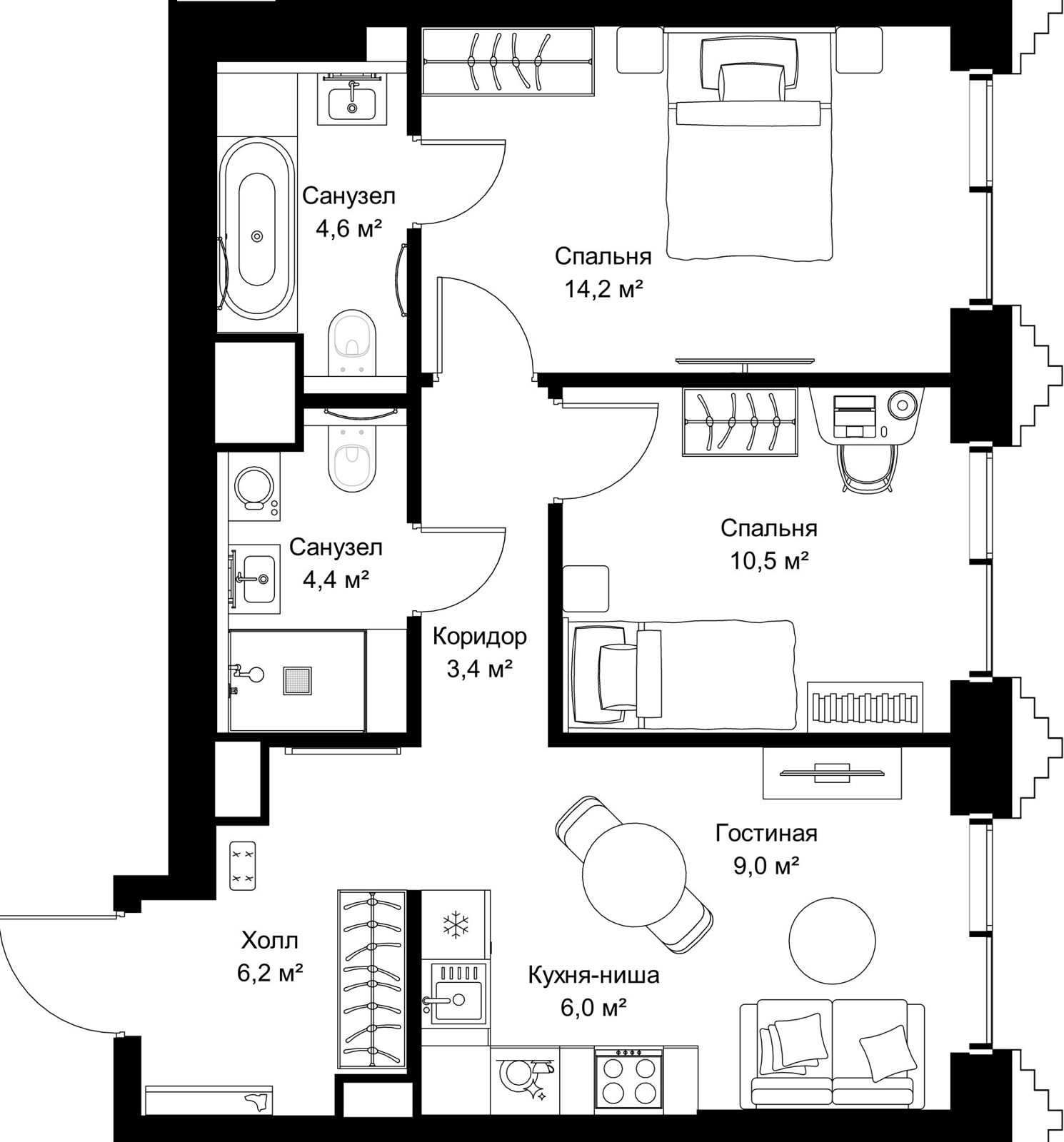 2-комнатная квартира, 58,3 м²