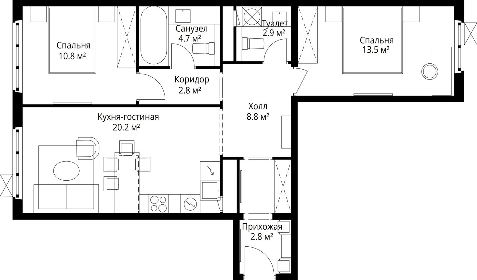 2-комнатная квартира, 66,5 м²
