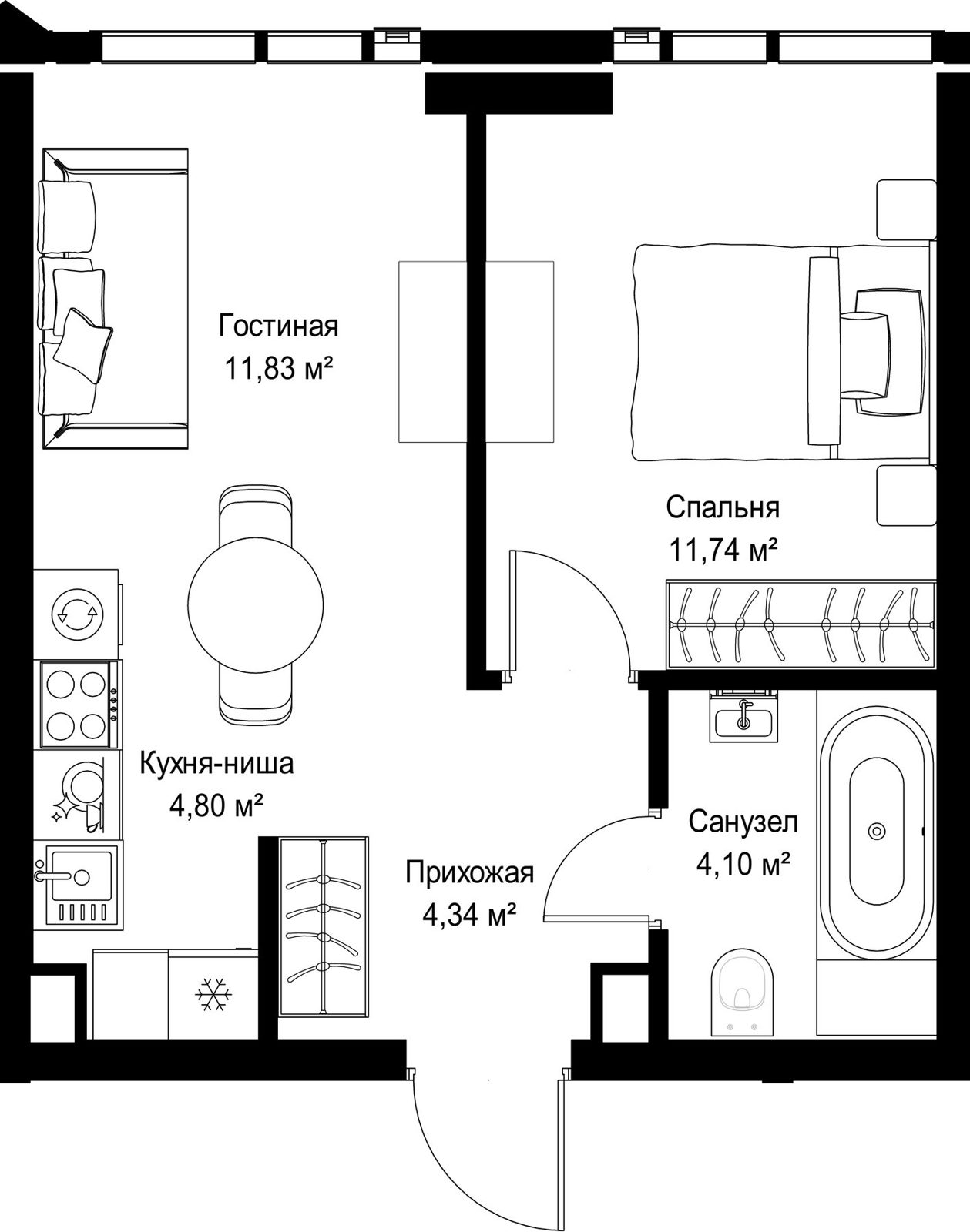 1-комнатная квартира, 36,8 м²