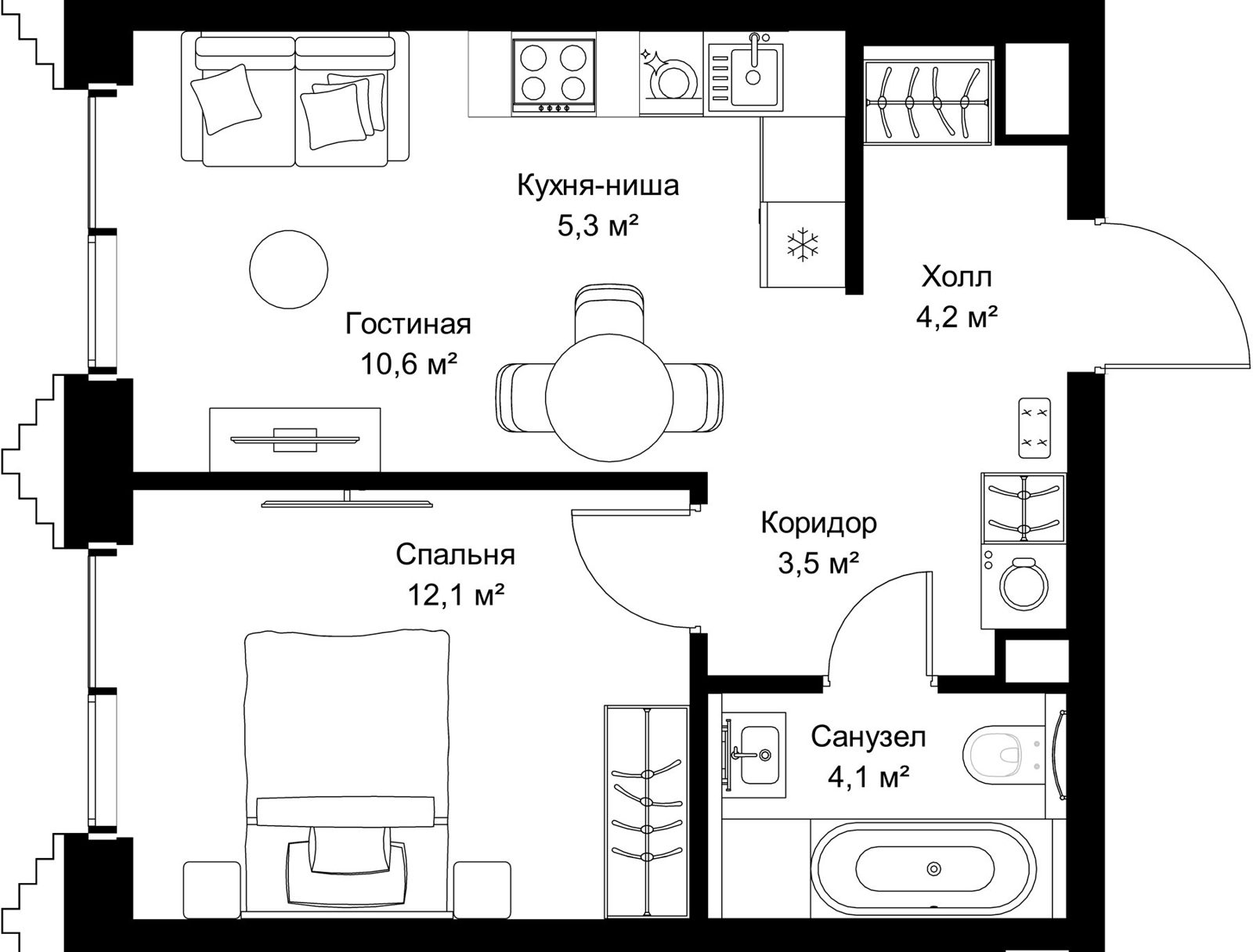 1-комнатная квартира, 39,8 м²