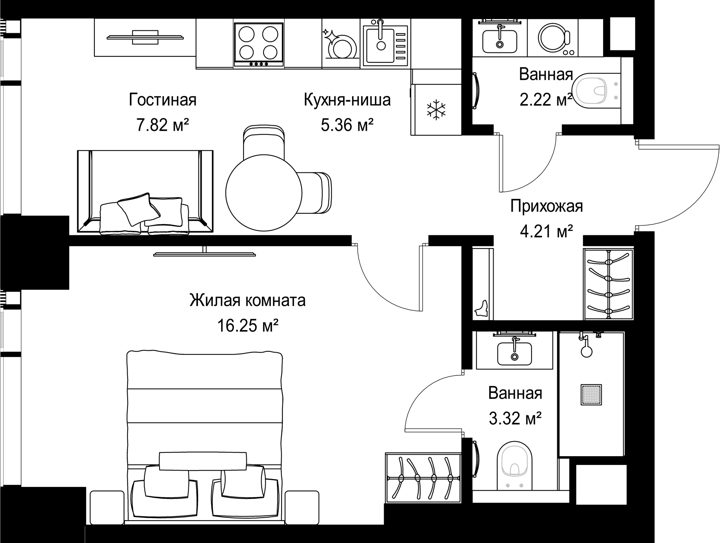 1-комнатная квартира, 39,2 м²