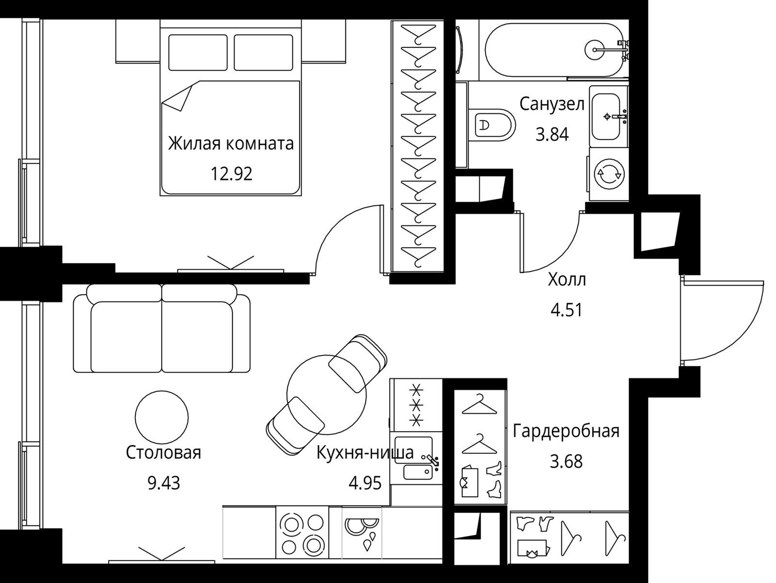 1-комнатная квартира, 39,3 м²