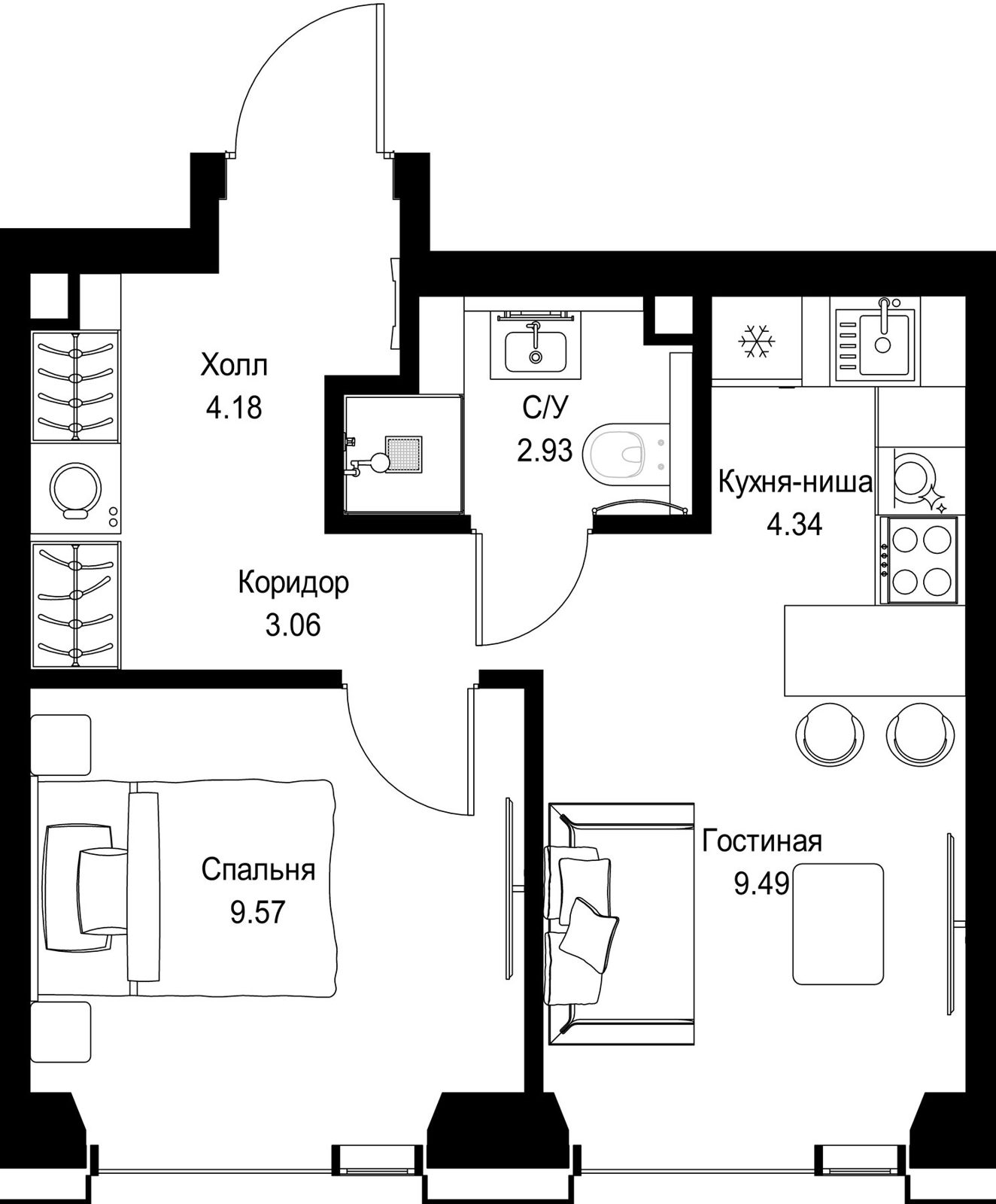 1-комнатная квартира, 33,6 м²