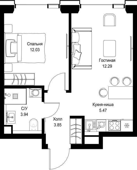 1-комнатная квартира, 37,6 м²