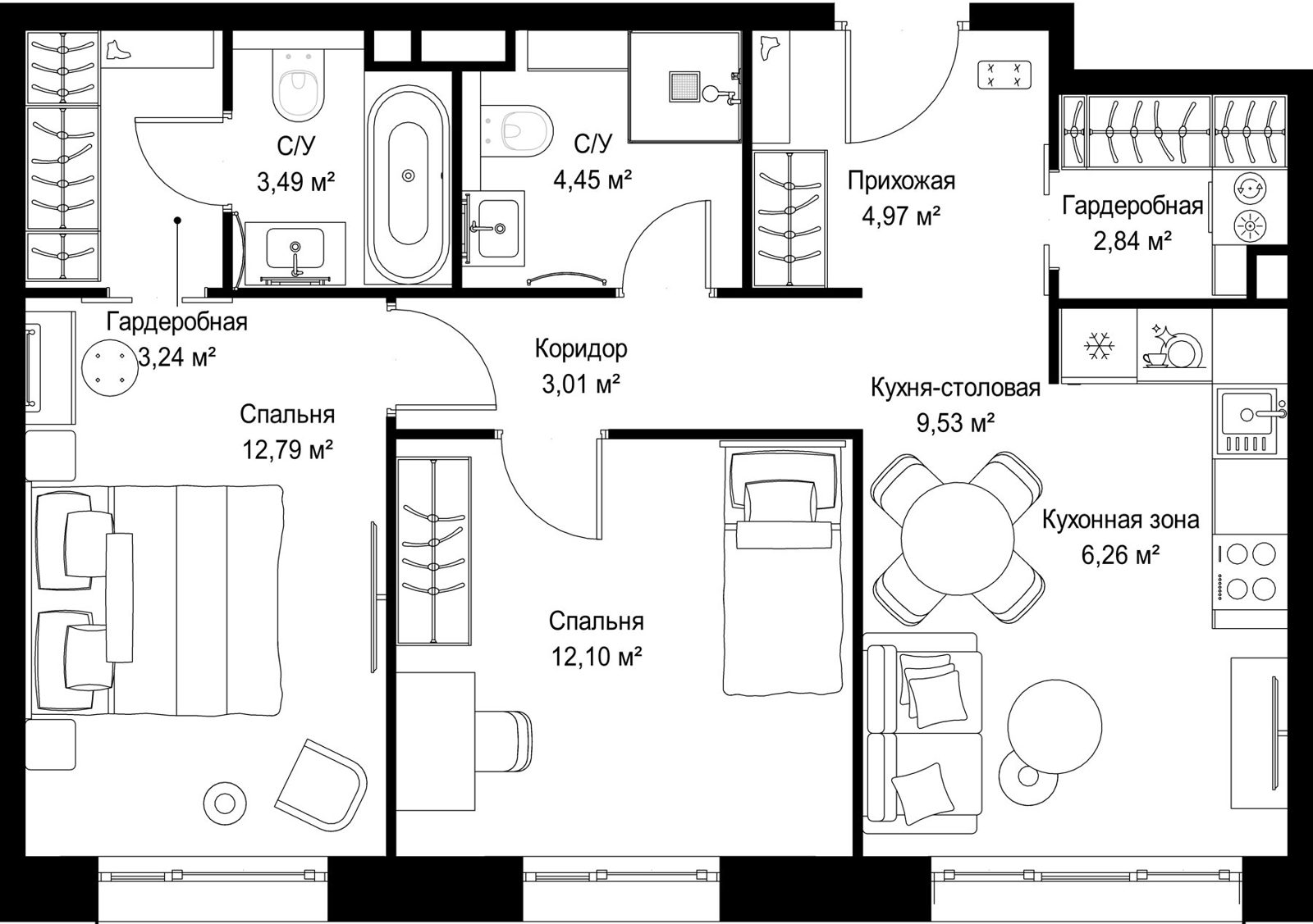 2-комнатная квартира, 62,7 м²