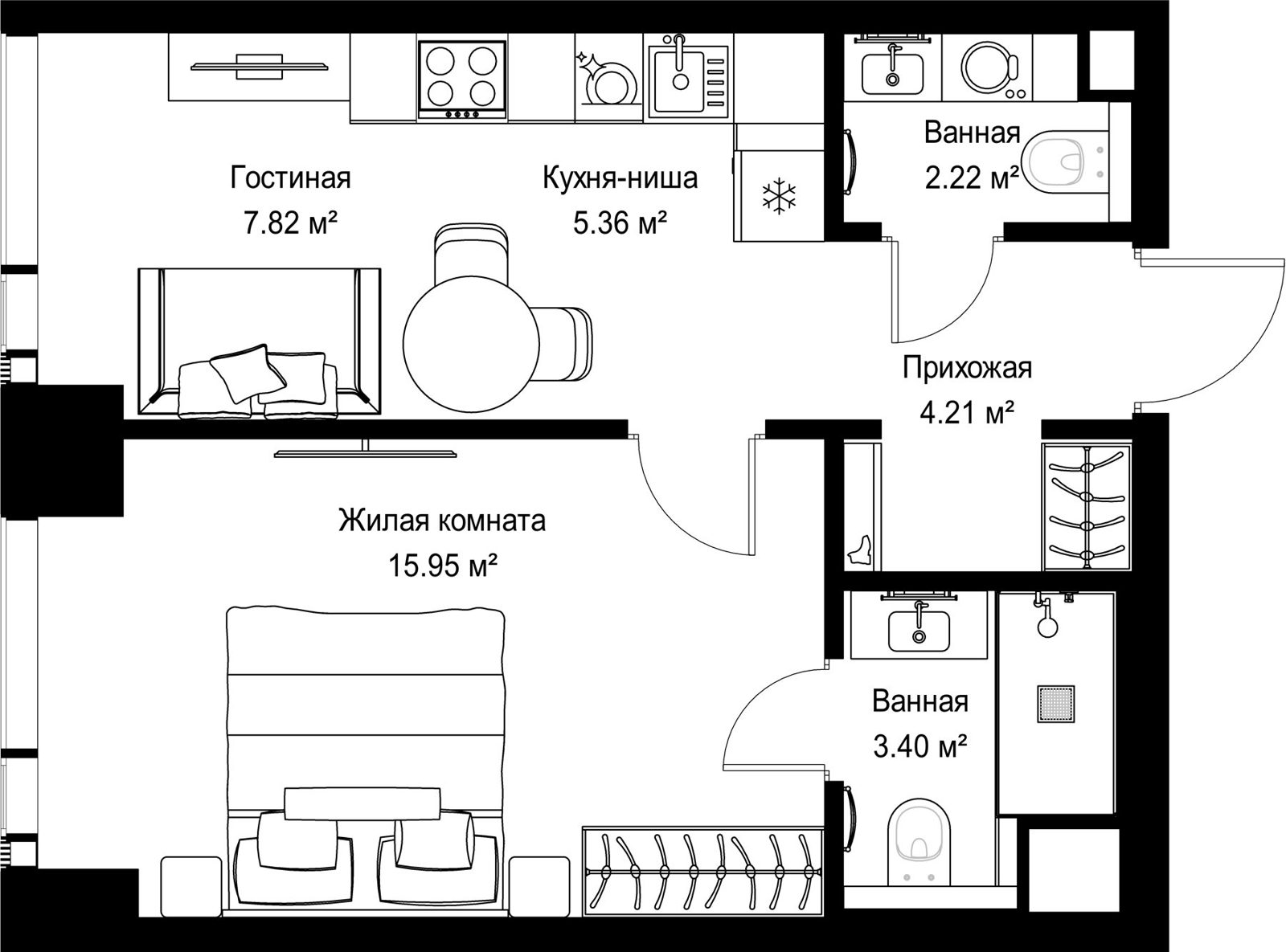1-комнатная квартира, 39 м²