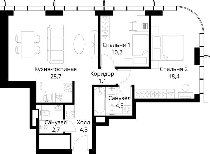 2-комнатная квартира, 69,7 м² — фото 1
