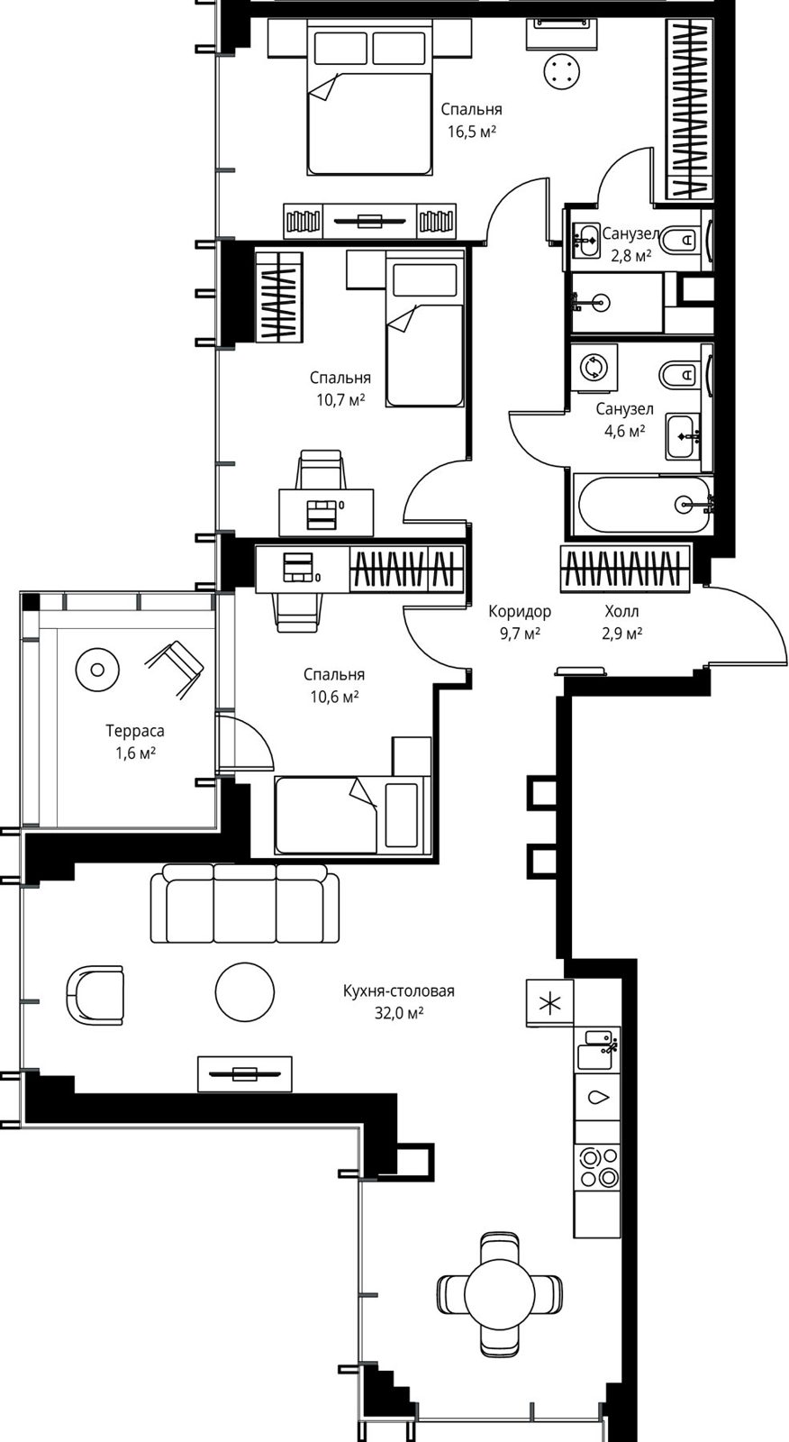 3-комнатная квартира, 91,4 м²