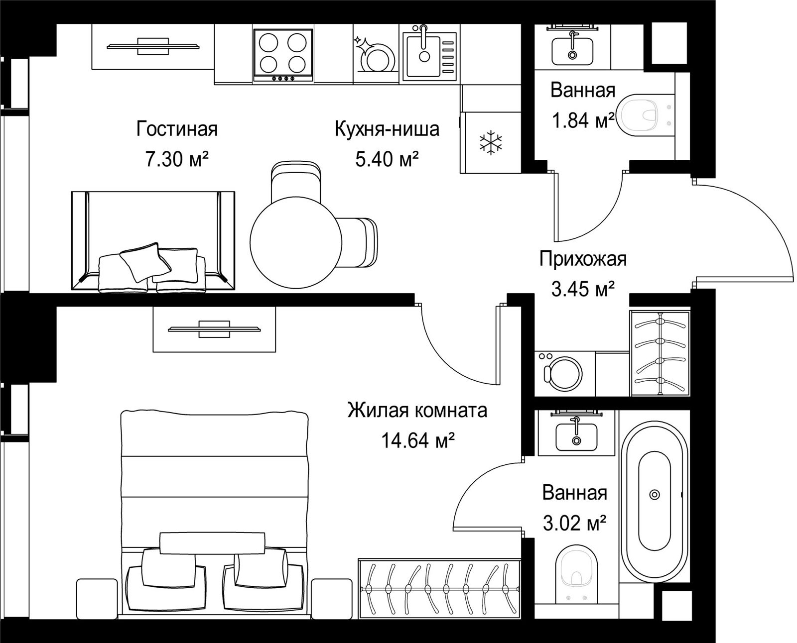 1-комнатная квартира, 35,6 м²