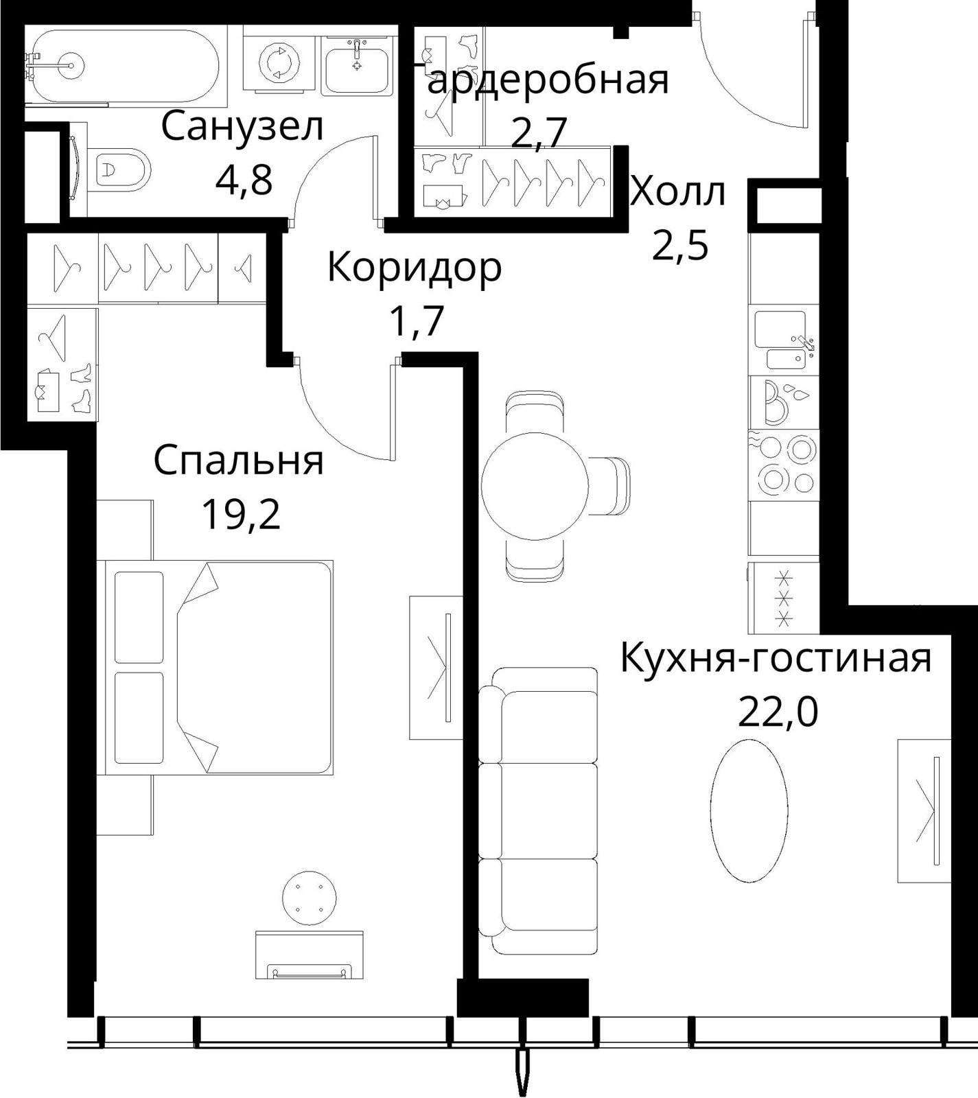 1-комнатная квартира, 52,9 м²