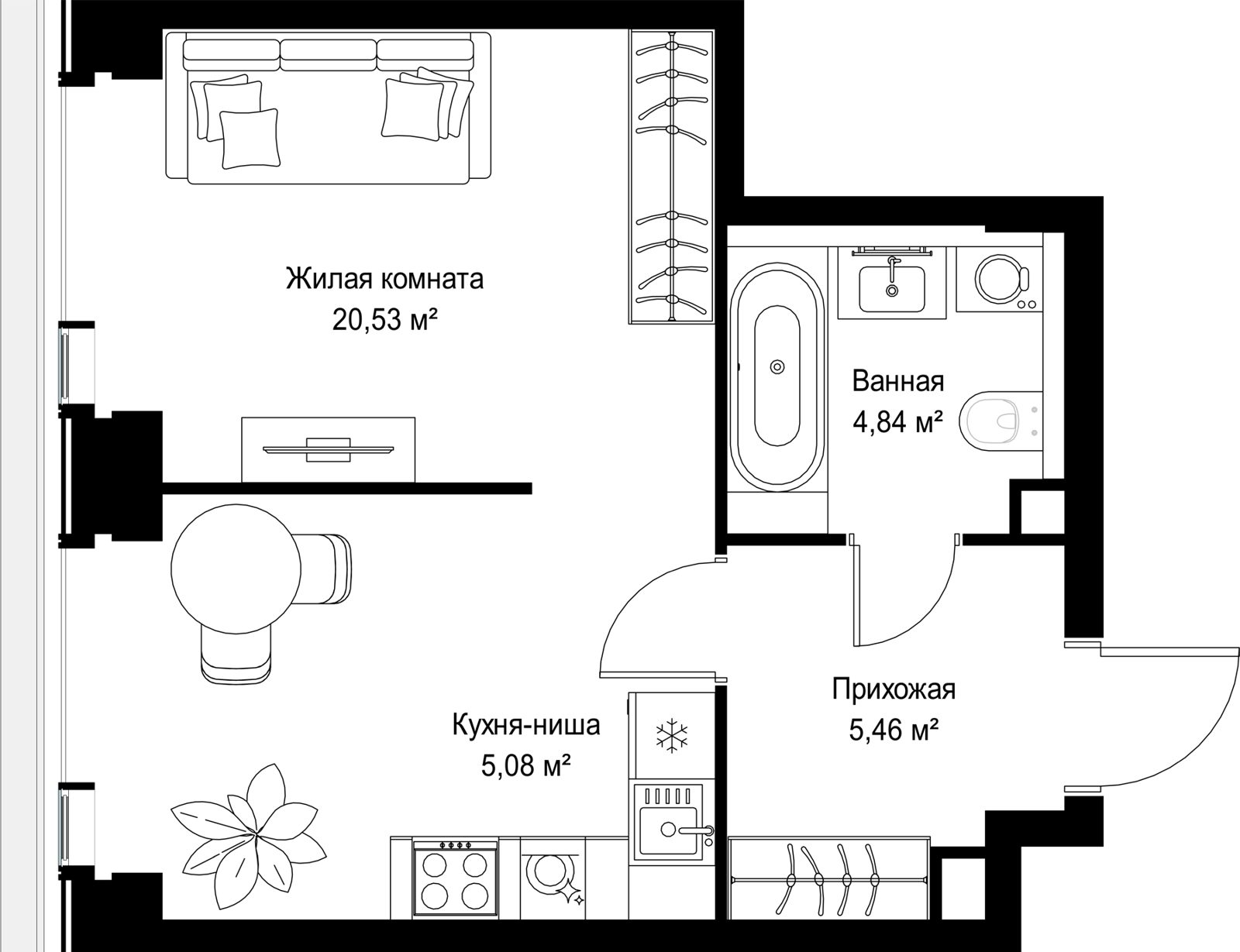 1-комнатная квартира, 35,9 м²