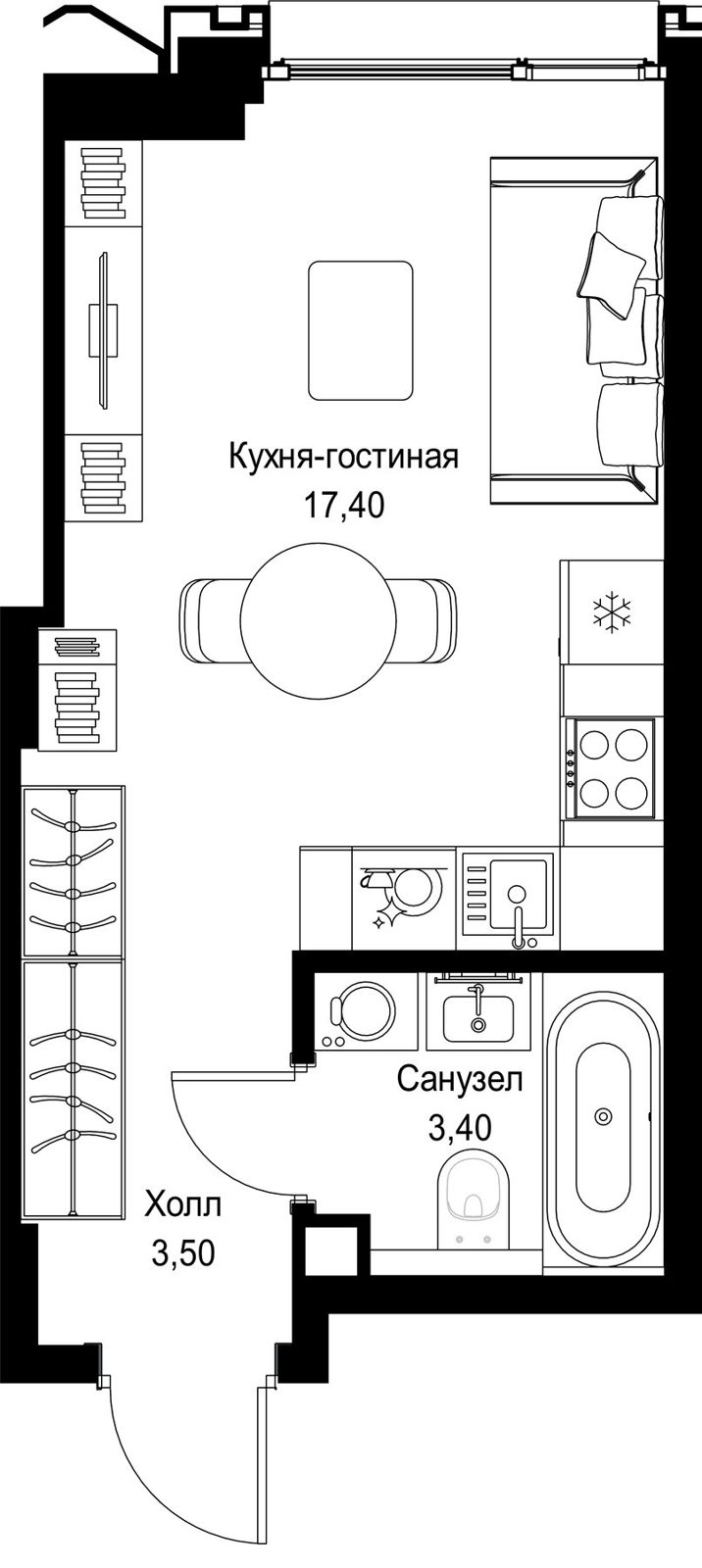 Квартира-студия, 24,3 м²