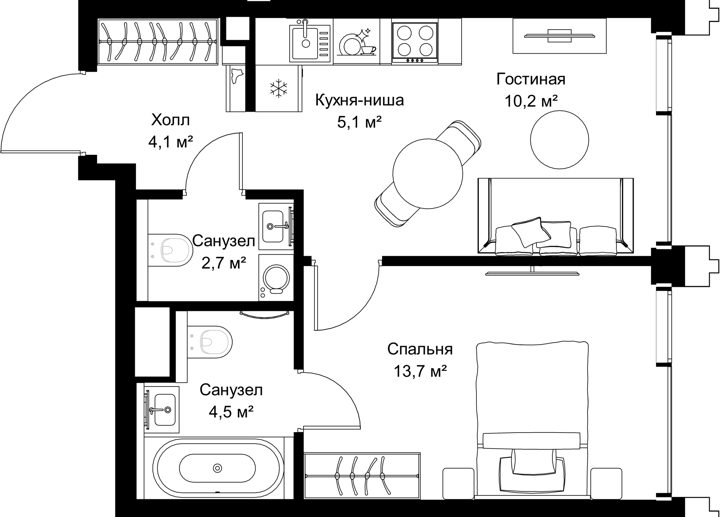 1-комнатная квартира, 40,3 м²