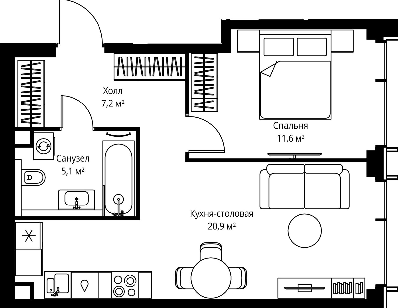 1-комнатная квартира, 44,8 м²
