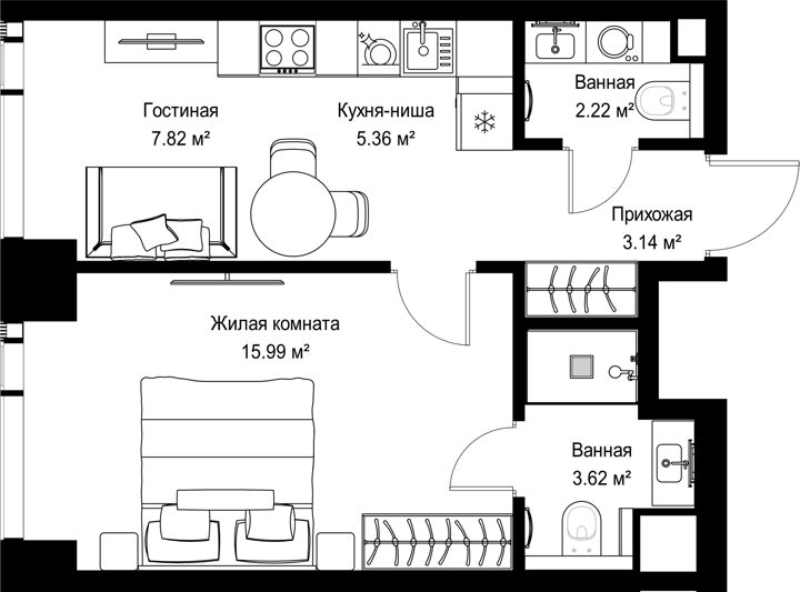 1-комнатная квартира, 38,1 м²