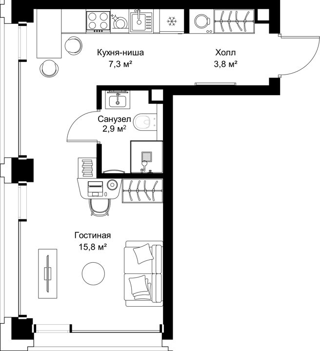Квартира-студия, 29,8 м²