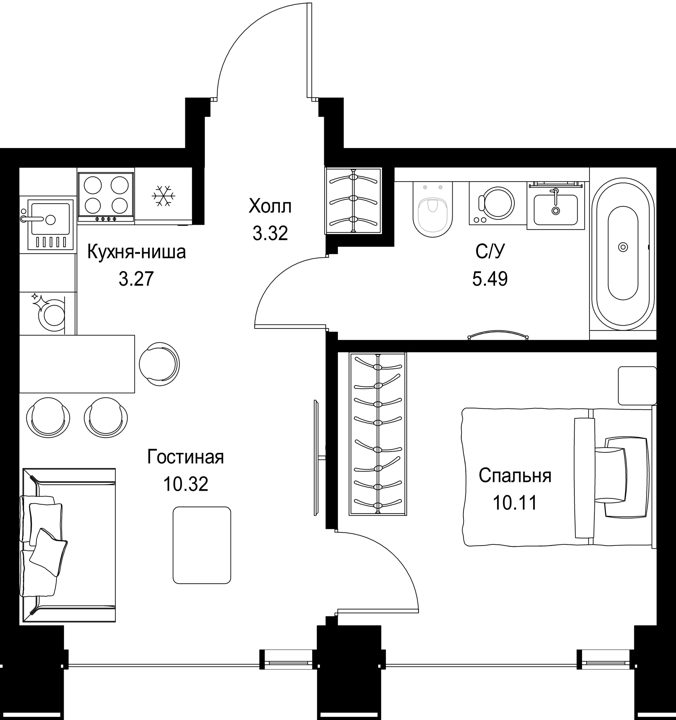 1-комнатная квартира, 32,5 м²