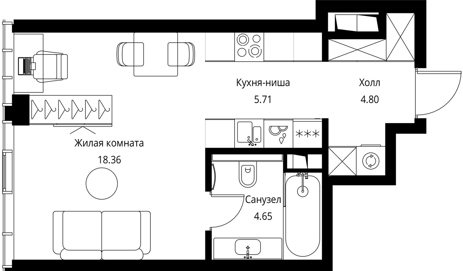 Квартира-студия, 33,5 м²