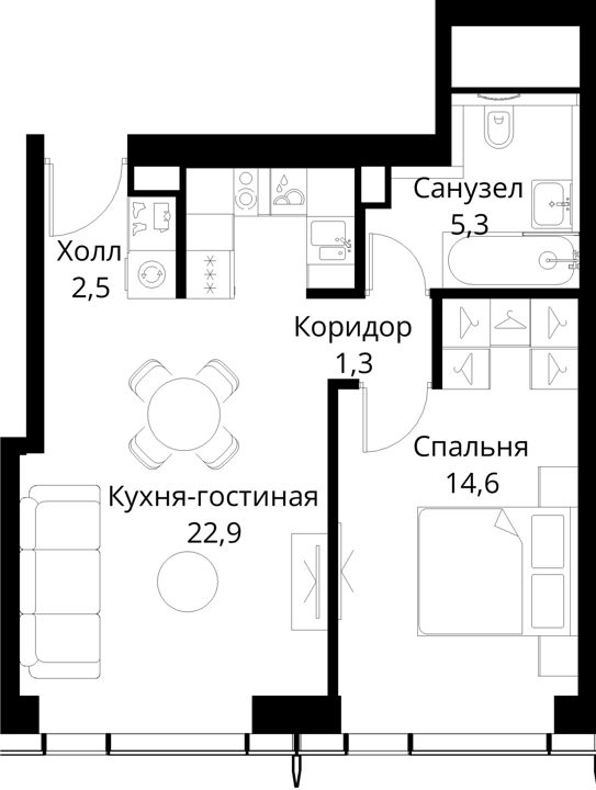 1-комнатная квартира, 46,6 м² — фото 1