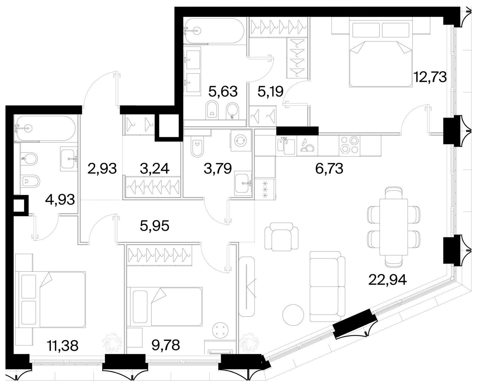 3-комнатная квартира, 95,2 м²