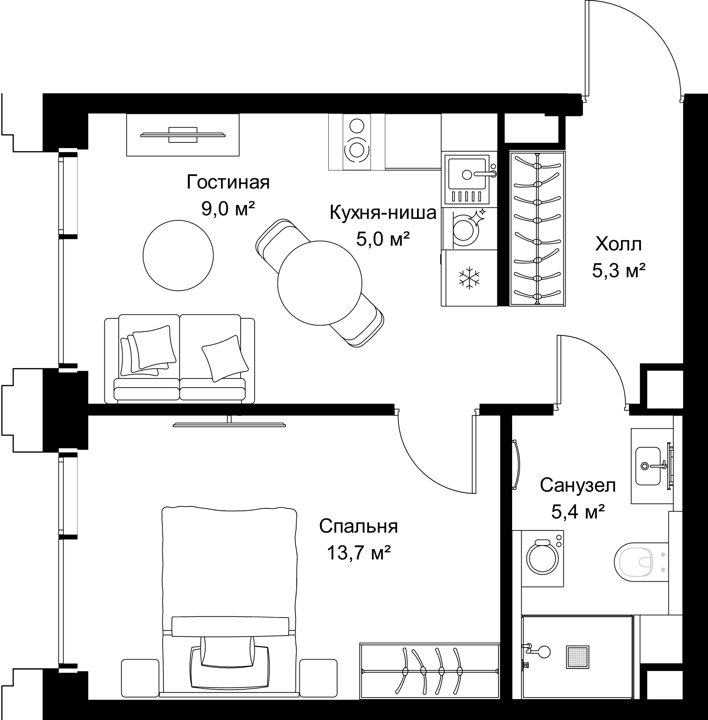 1-комнатная квартира, 38,4 м²